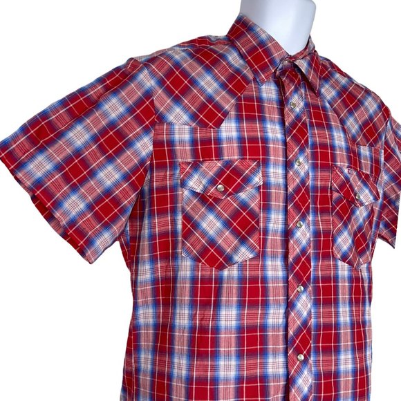 Wrangler Pearl Snap Red White Blue Patriotic USA Light Plaid Western Shirt M - Picture 4 of 10